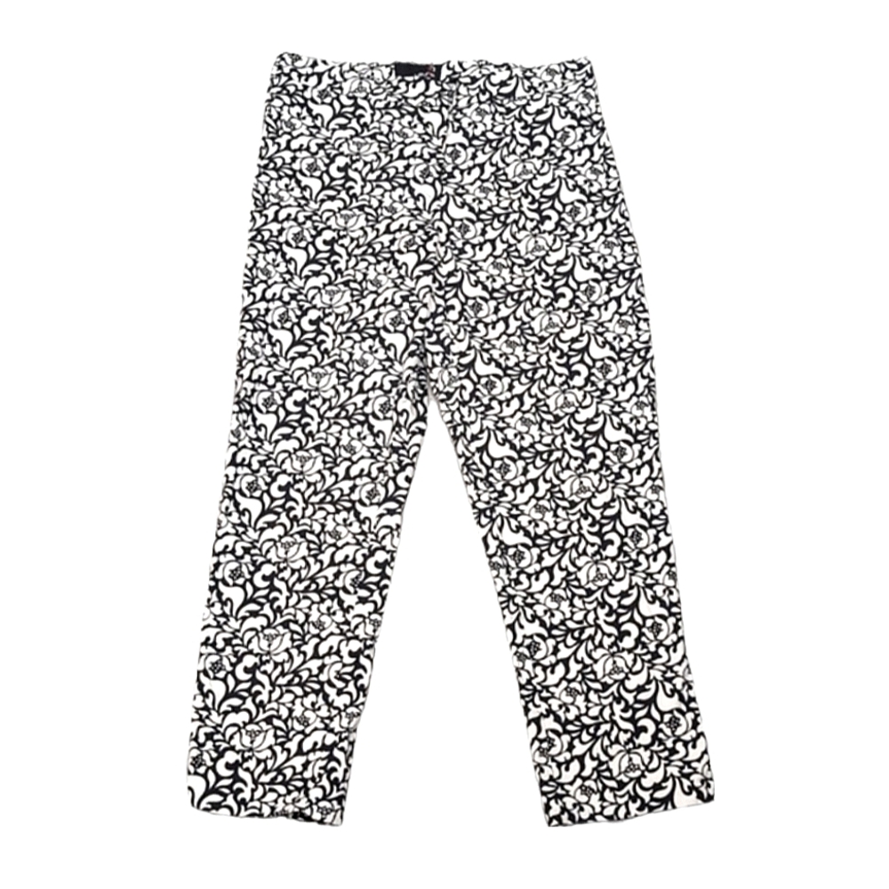 Laura Cropped Pants Womens Size 10 Black White Floral Slim Ankle Summer Cotton